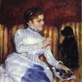 Мэри Кассат - Женщина на полосатой софе с собакой